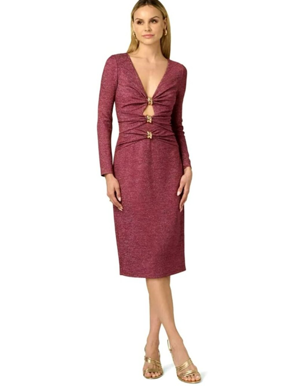 Adrianna Papell Metallic Knit Midi Dress Crimson Size 10 New
